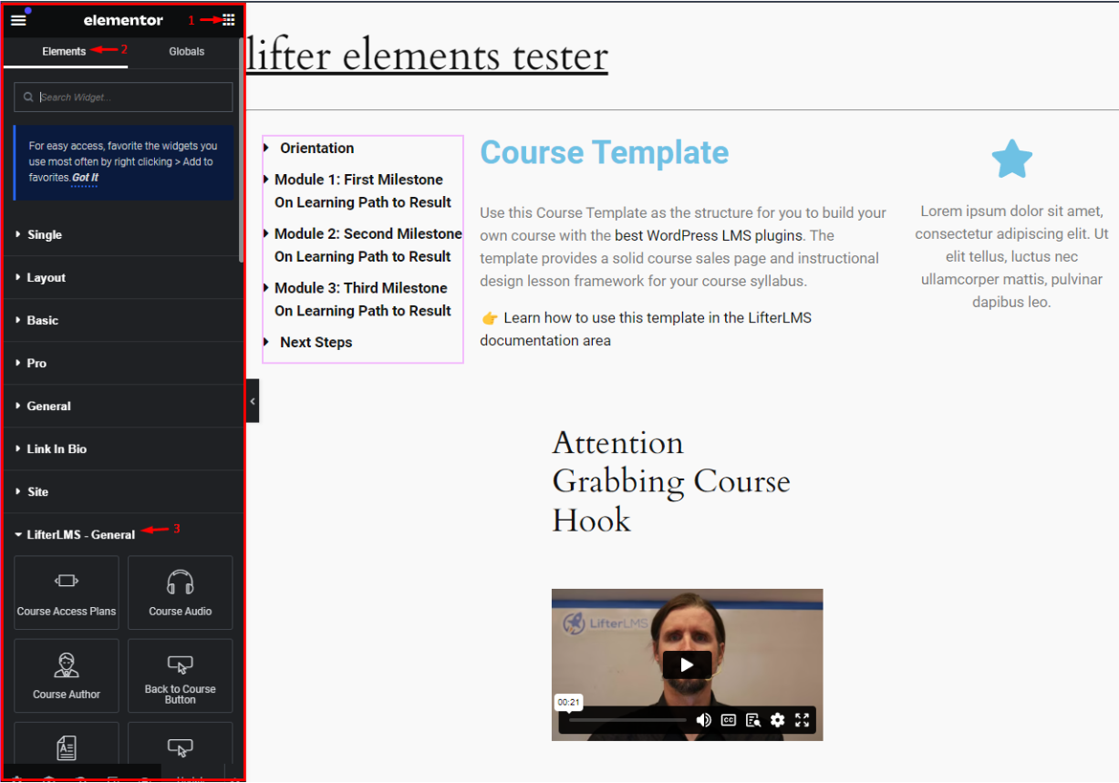 Elementor editor LifterLMS widgets
