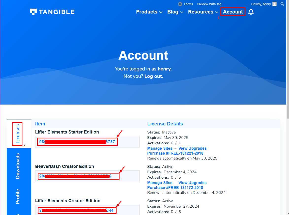 Tangible account page on the Licenses tab with license key locations highlighted