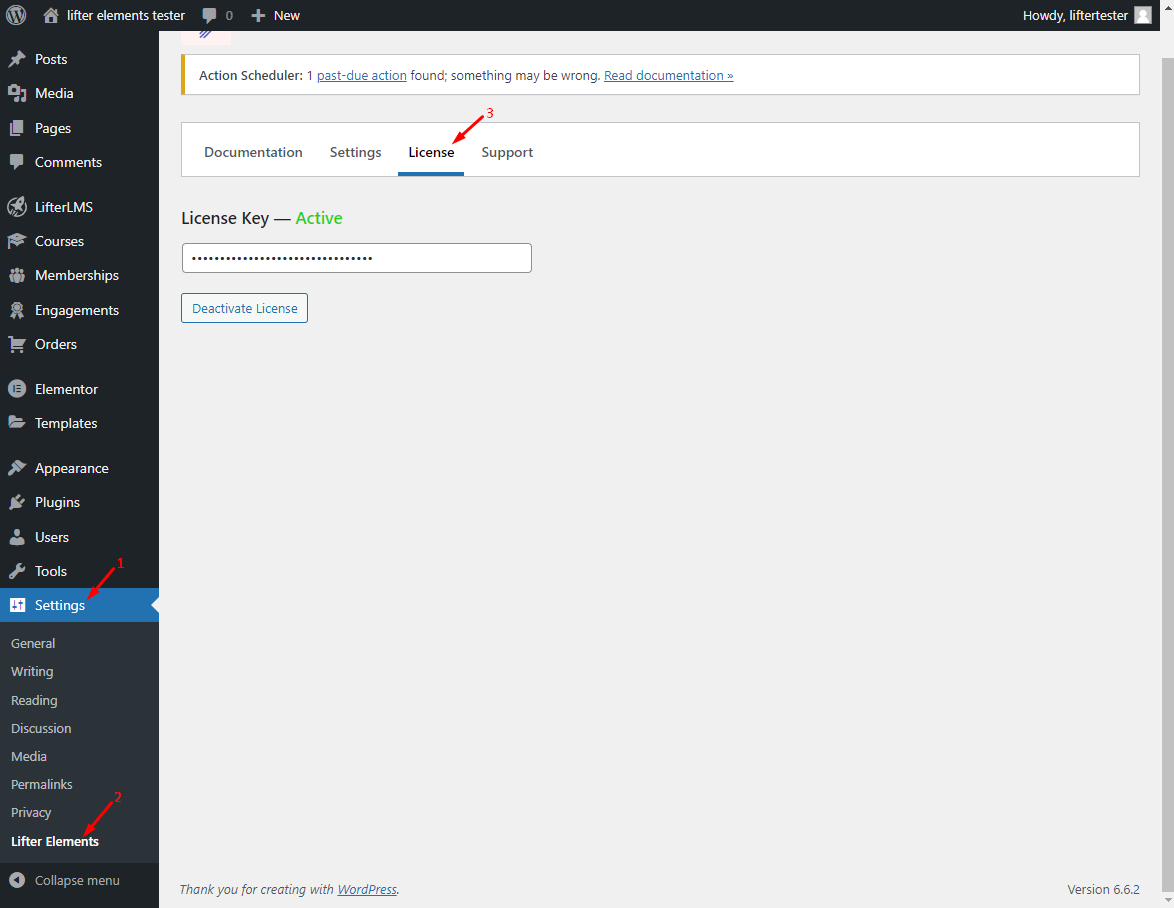 WordPress dashboard Lifter Elements license key screen