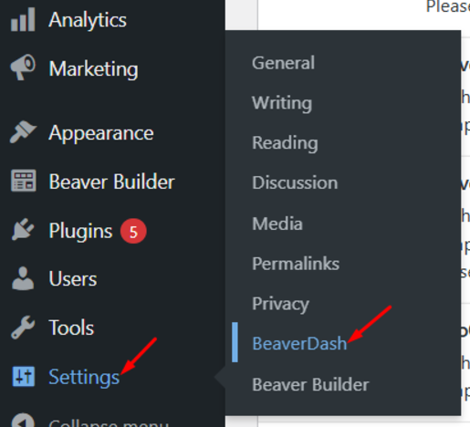 WordPress dashboard &gt; Settings &gt; BeaverDash