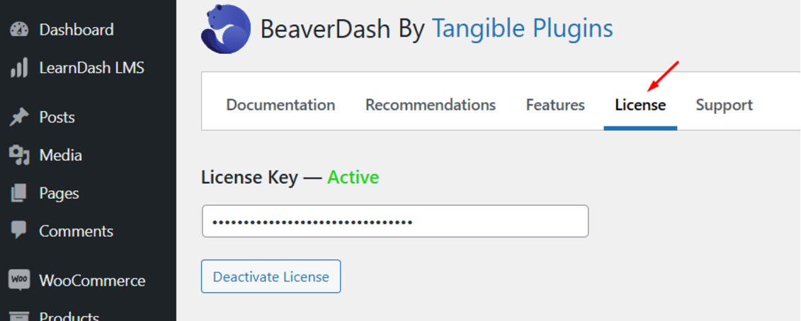 WordPress dashboard &gt; Settings &gt; BeaverDash &gt; License