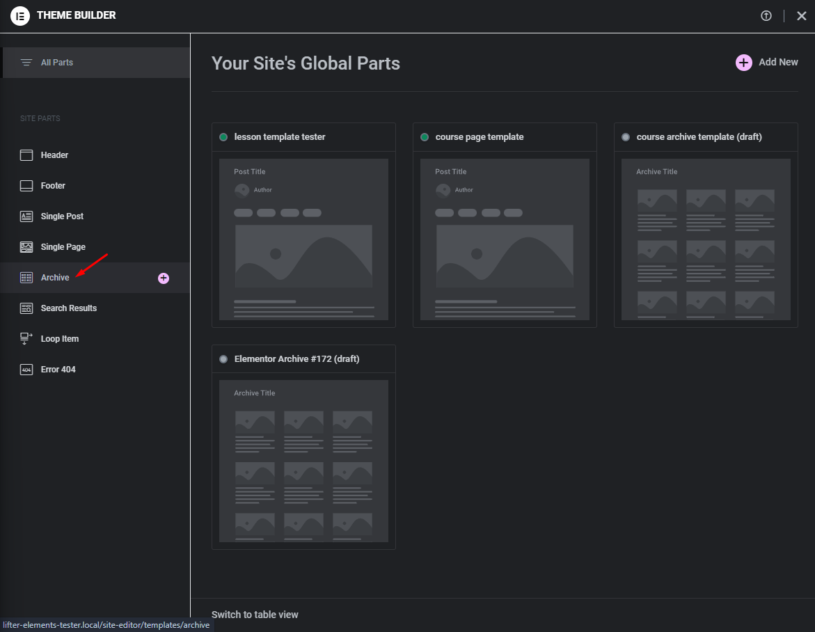 Elementor Theme Builder library screen