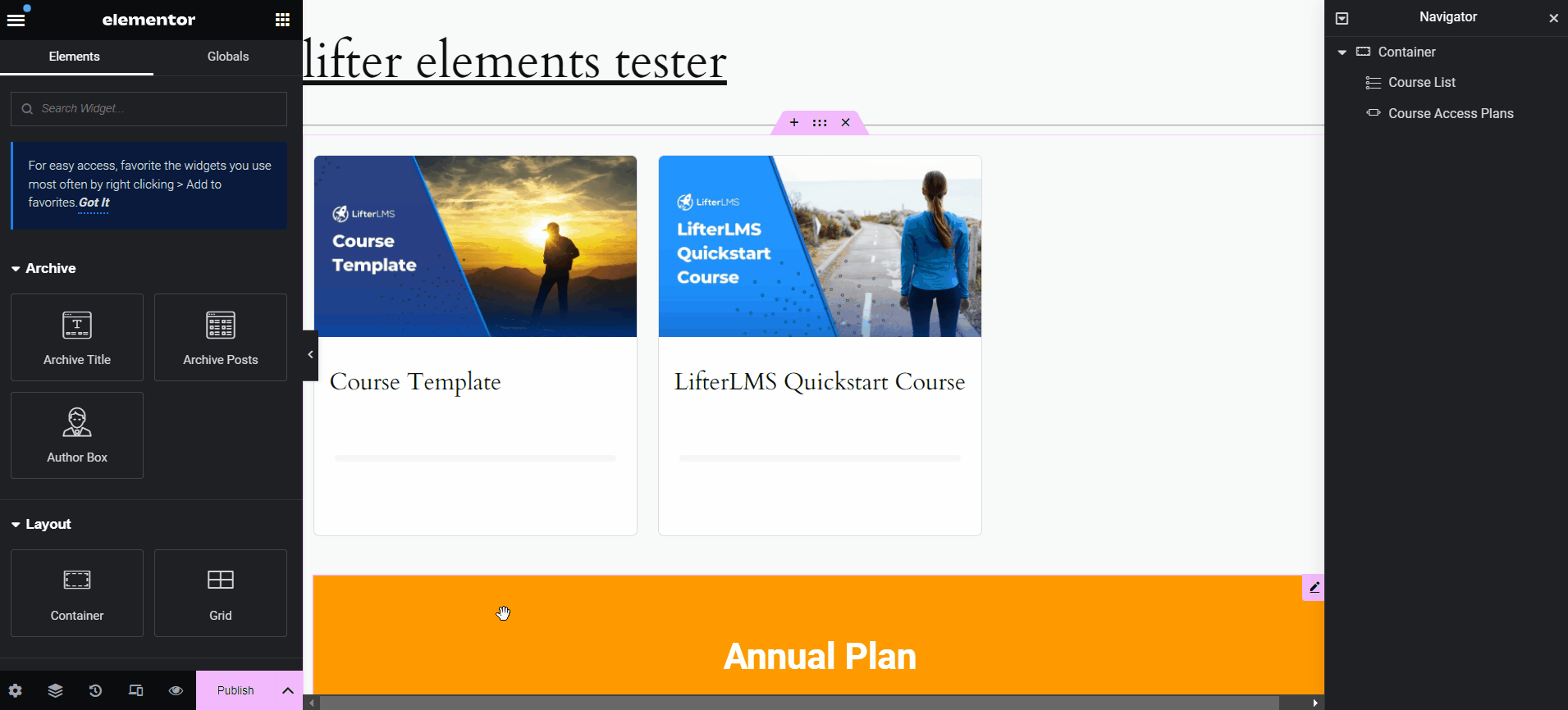 Elementor Theme Builder publish and set display conditions for course archive