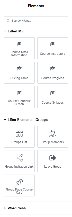 Elementor widget panel - Lifter Elements - Groups category