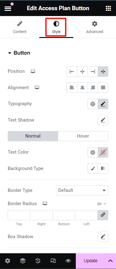 Course Access Plan button widget - Style tab