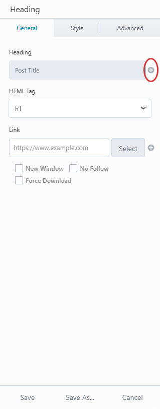Beaver Builder Heading module settings showing the connect icon next to the heading text field