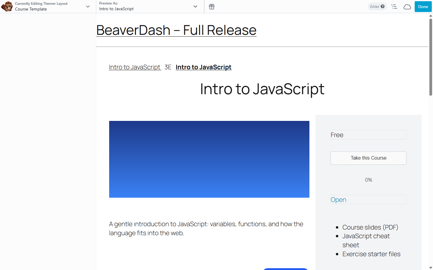 Beaver Themer layout in preview mode showing the heading populated with a real LearnDash course title