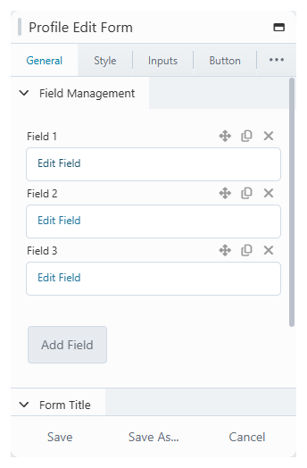 Profile Edit Form module settings showing the field management list on the General tab