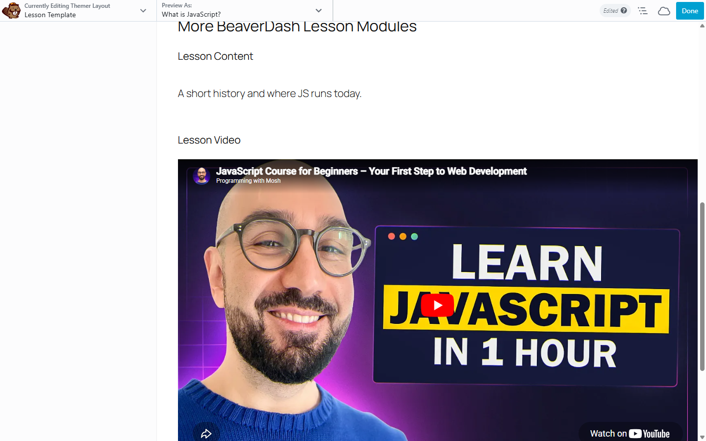 Beaver Builder lesson template with Video module and Content module placed in a column