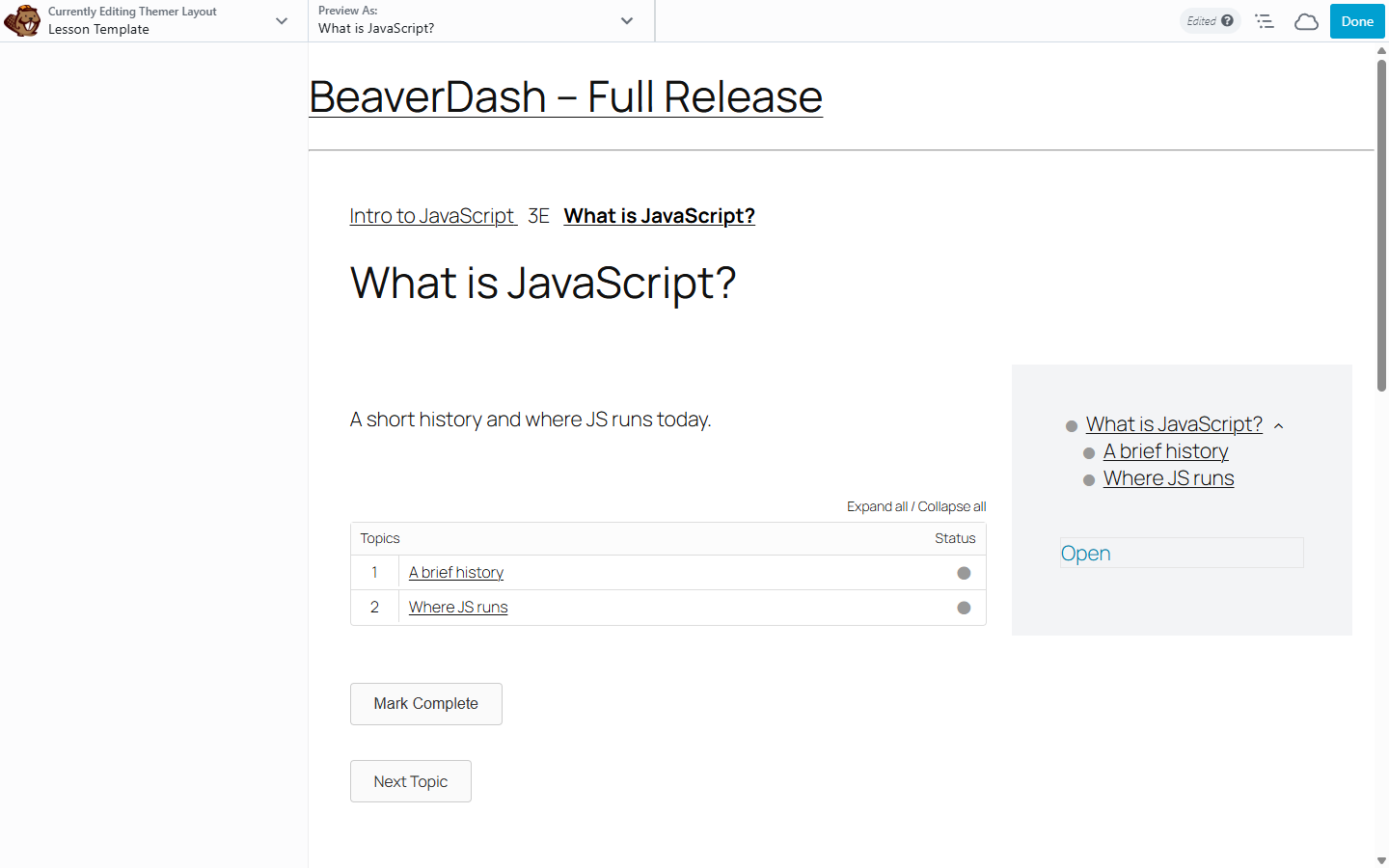 Lesson template with navigation sidebar, mark complete button, and previous/next buttons