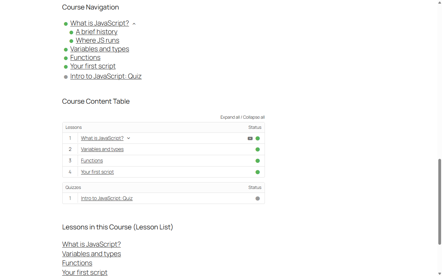 Course Navigation module on a LearnDash course page, showing lessons and topics with completion status icons