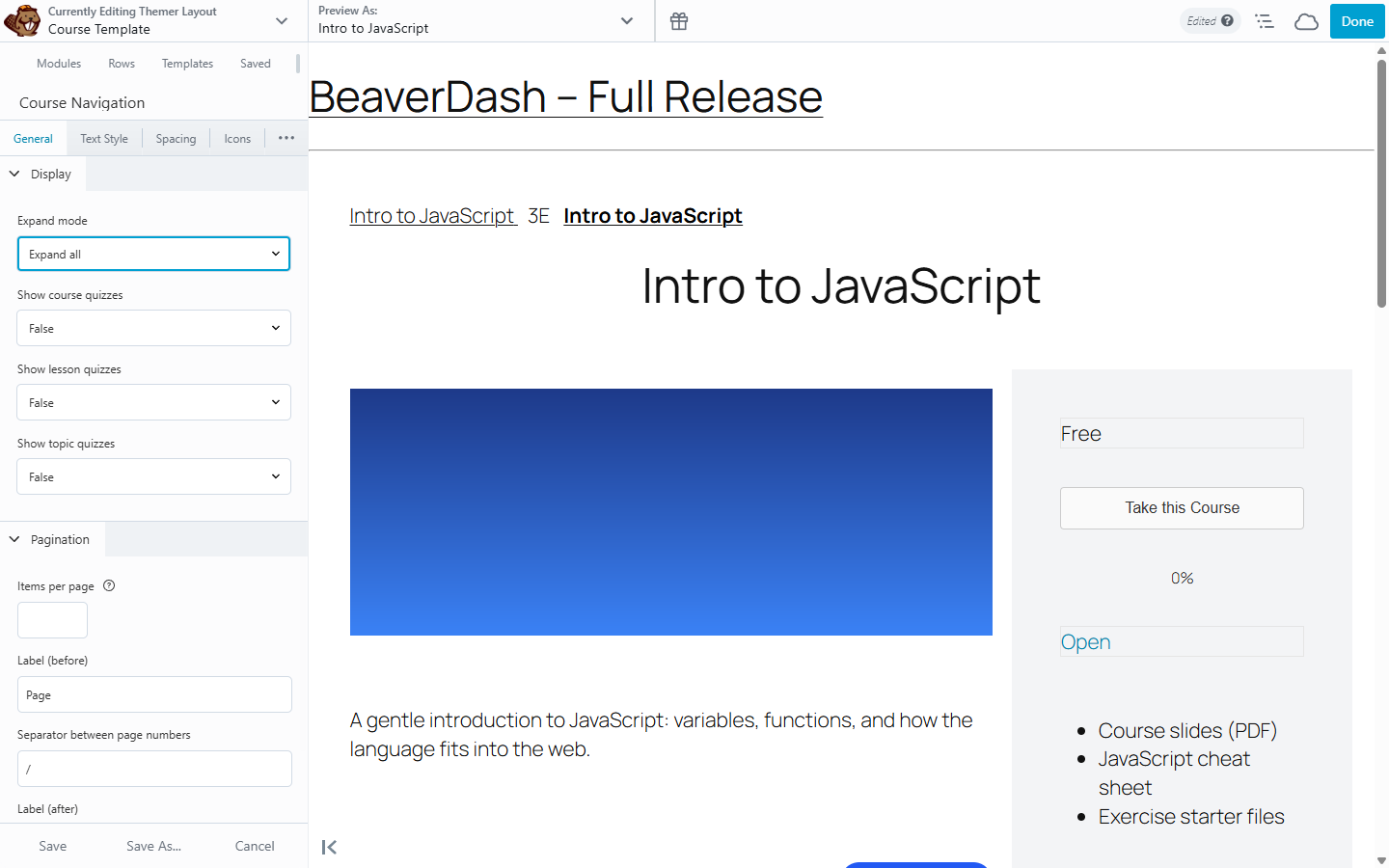 Beaver Builder editor with Course Navigation module placed in the layout and settings panel open