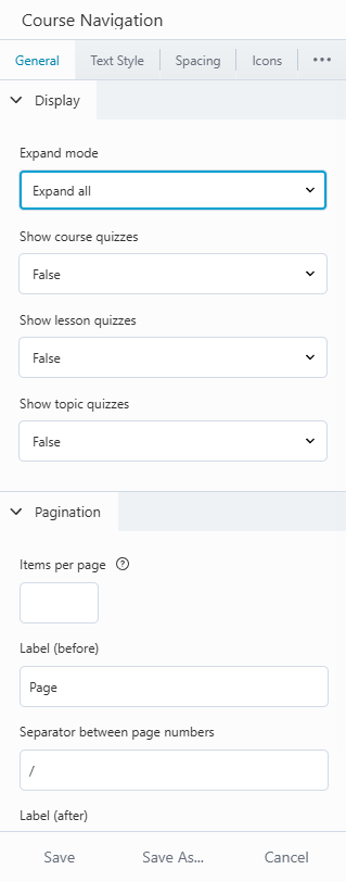 Course Navigation module General tab showing Expand and quiz visibility settings