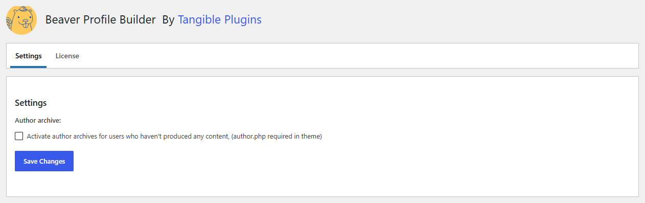 Beaver Profile Builder settings page showing the author archive option