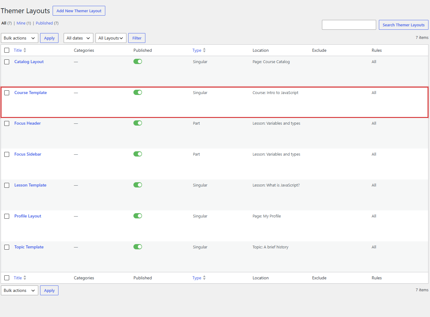 Beaver Builder Themer Layouts admin screen showing a list of layouts with a LearnDash course layout visible
