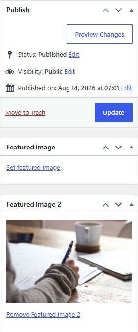 Certificate edit screen sidebar showing the Featured Image 2 panel added by the plugin