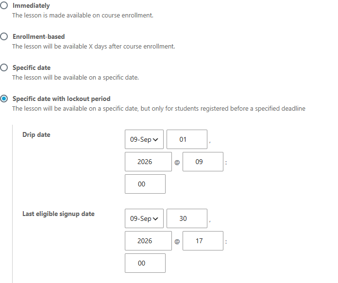 LearnDash lesson release schedule showing the Specific date with lockout period option with Drip date and Last eligible signup date fields