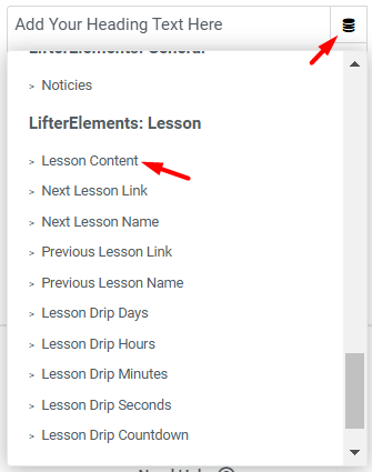 The Elementor dynamic tag picker open on a text control, showing the LifterElements: Lesson group
