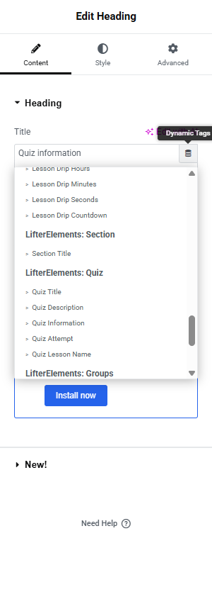 The Elementor dynamic tag picker open on a Heading, showing the LifterElements: Quiz group