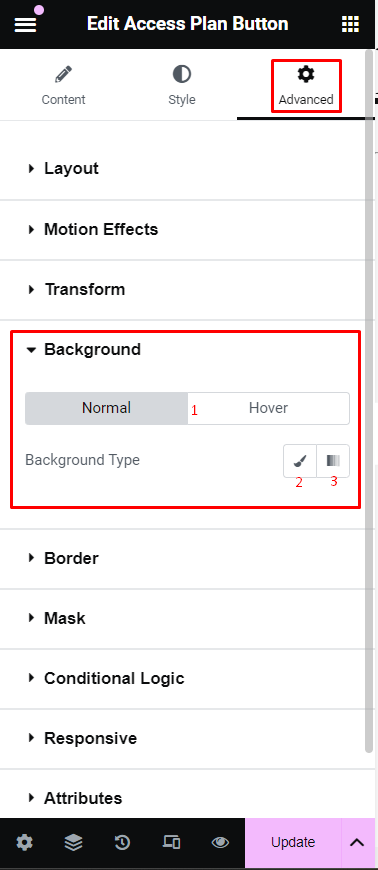 Elementor - Advanced Tab - Background section settings