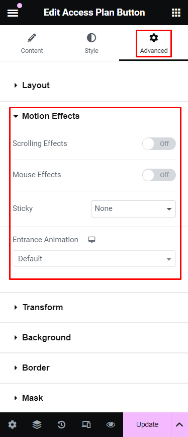 Elementor Motion Effects section