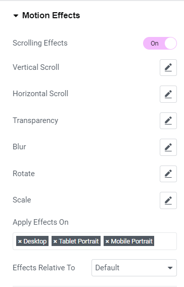 Elementor Scrolling Effects settings