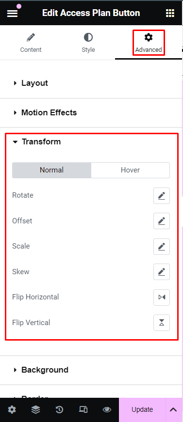 Elementor Transform settings