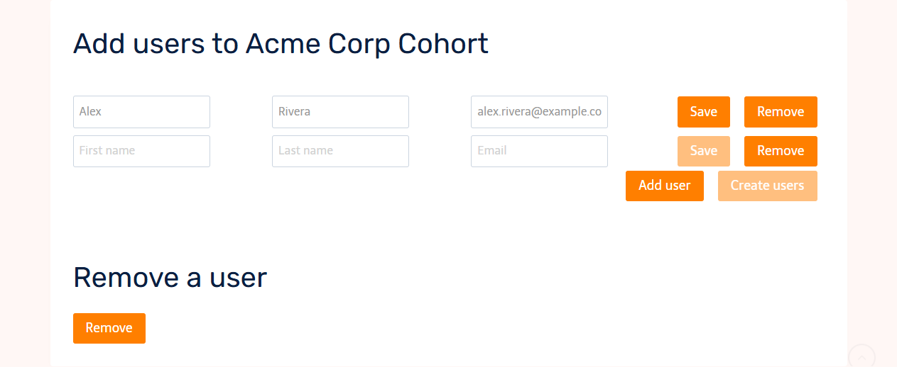 The add group users form with name and email fields, a queued user row, and Create users button