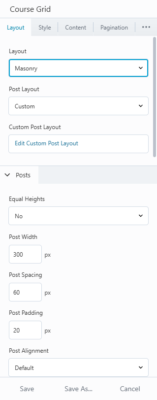 Course Grid module settings with Post Layout set to Custom and HTML editor visible
