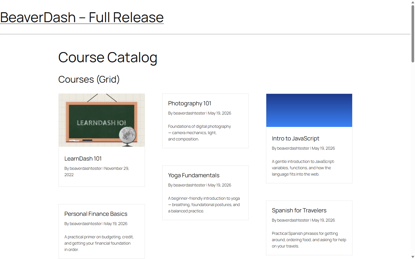 Course catalog grid showing custom course cards with images, titles, descriptions, and enroll buttons
