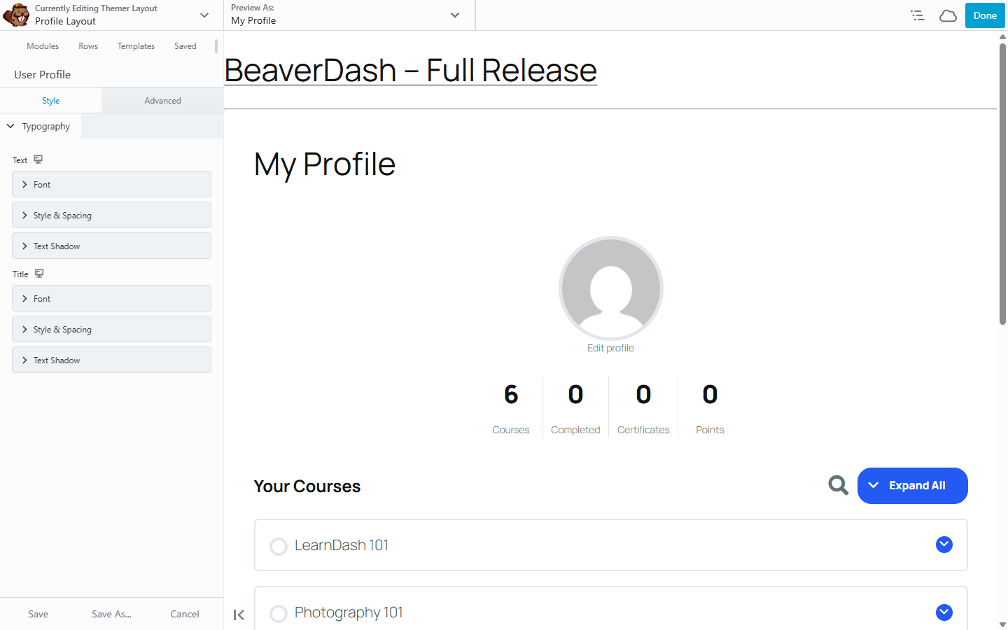 Beaver Builder page layout with the BeaverDash User Profile module in the main content area