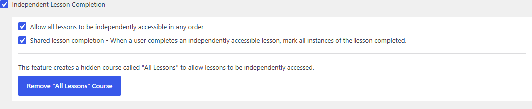 Independent Lesson Completion feature settings with the independent access and shared completion sub-options