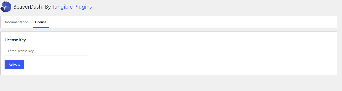 BeaverDash license settings page with the license key field and Activate button