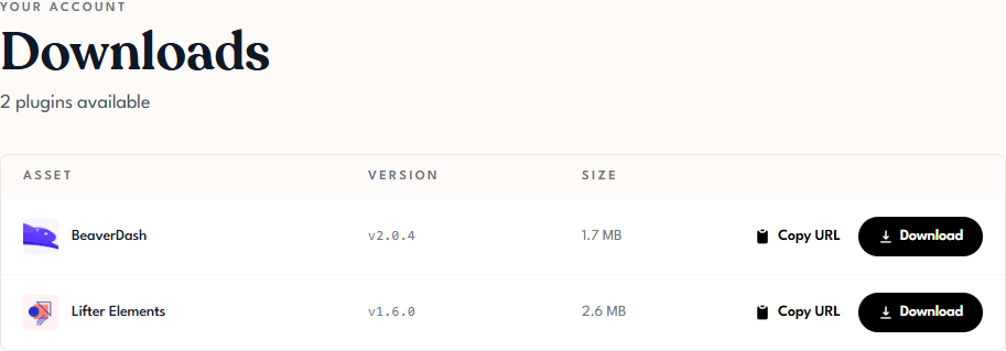 Tangible Cloud Downloads page listing available plugins with Download buttons