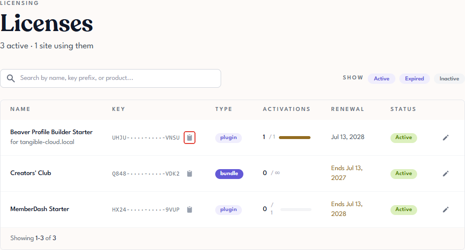 Tangible Cloud Licensing page with the copy icon beside a masked Beaver Profile Builder license key