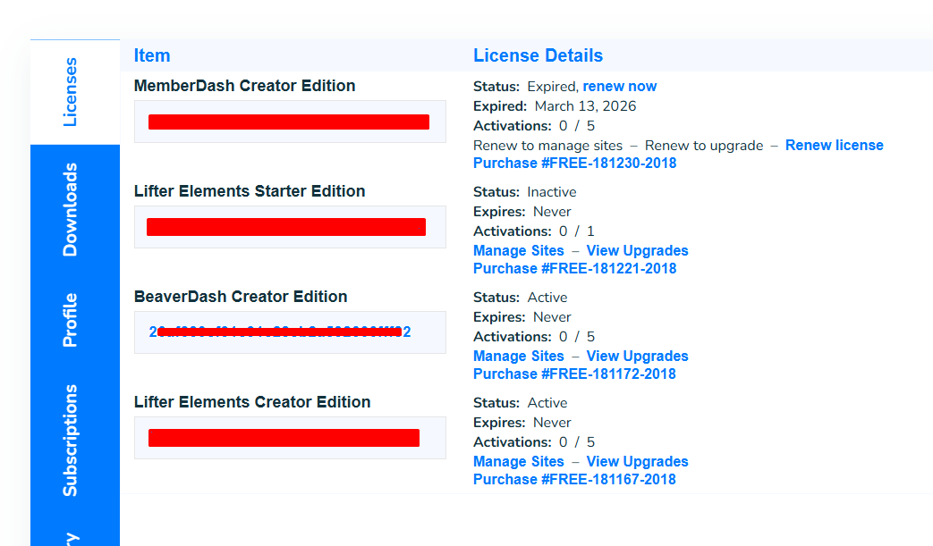 Tangible account Licenses tab showing the BeaverDash license key