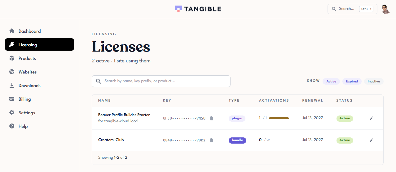 Tangible Cloud Licensing page listing licenses with masked keys and copy icons