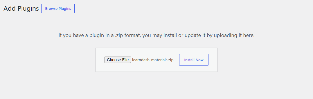 WordPress Upload Plugin screen with the learndash-materials zip file selected