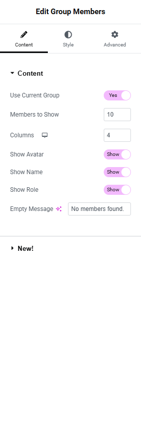 Group Members widget - Content tab