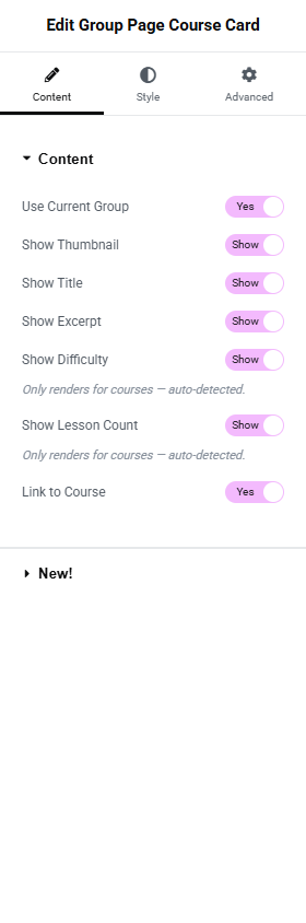 Group Page Course Card widget - Content tab