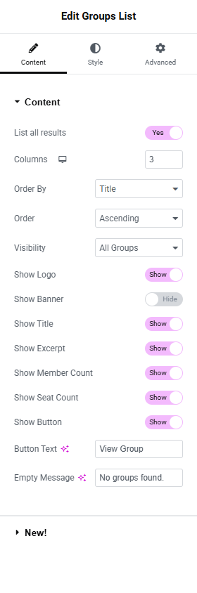 Groups List widget - Content tab / Content section