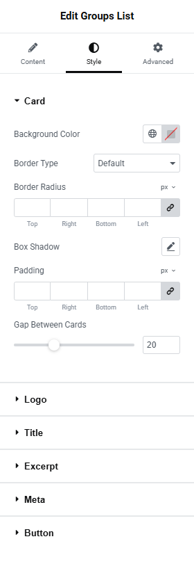 Groups List widget - Style tab