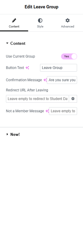 Leave Group widget - Content tab