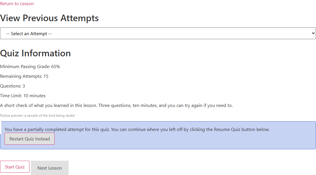 The start screen with a sample resume notice shown while the Notices popover is open