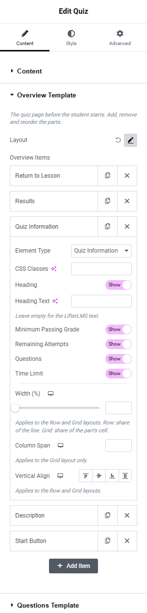A Quiz Information row expanded in the Overview Items list, with its Heading, Heading Text and the four Show / Hide switches