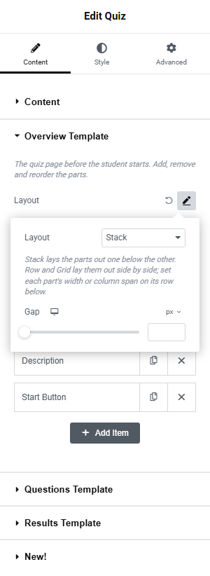 The Overview Template section with the Layout popover open, showing the Layout dropdown and the Gap slider