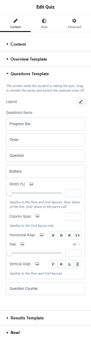 The Questions Template section with its five rows, the Buttons row expanded to show Horizontal Align and Gap