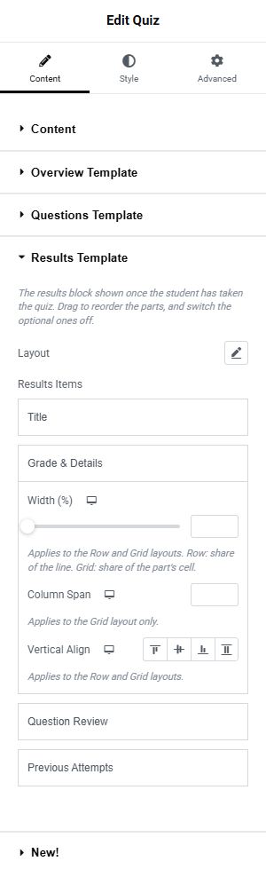 The Results Template section with its four rows, the Grade &amp; Details row expanded