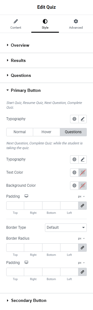 The Primary Button section on its Questions tab: Typography, Text Color, Background Color and Padding for Next Question and Complete Quiz