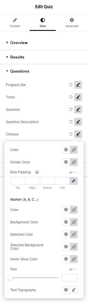 The Questions style section with the Choices popover open: colours, row padding, the marker controls and text typography